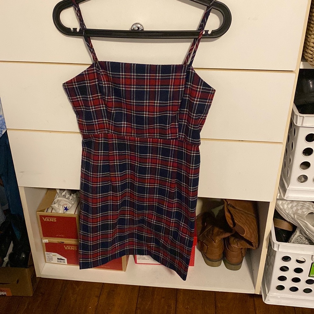 Blue, red, and white plaid sleeveless dress